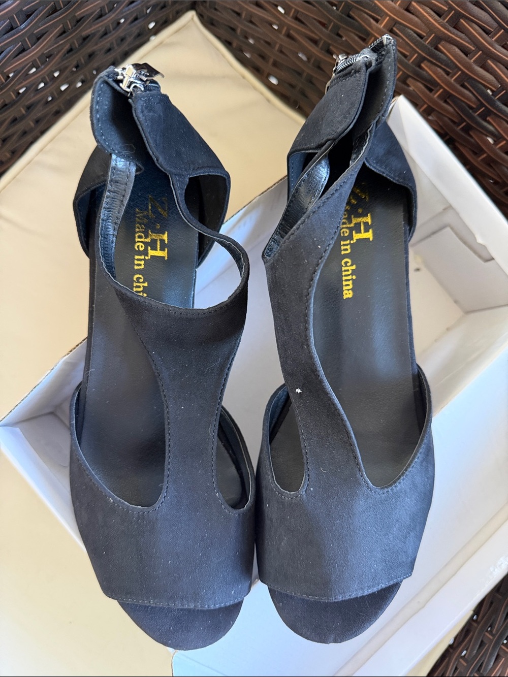 Women's Black Suede T-Strap Open-Toe Heels